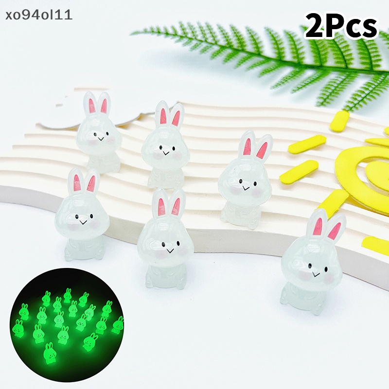 Xo 2Pcs Ornamen Kelinci Putih Bercahaya Kartun Bunny Doll Micro Landscape Dekorasi Rumah Boneka Miniatur Mainan OL