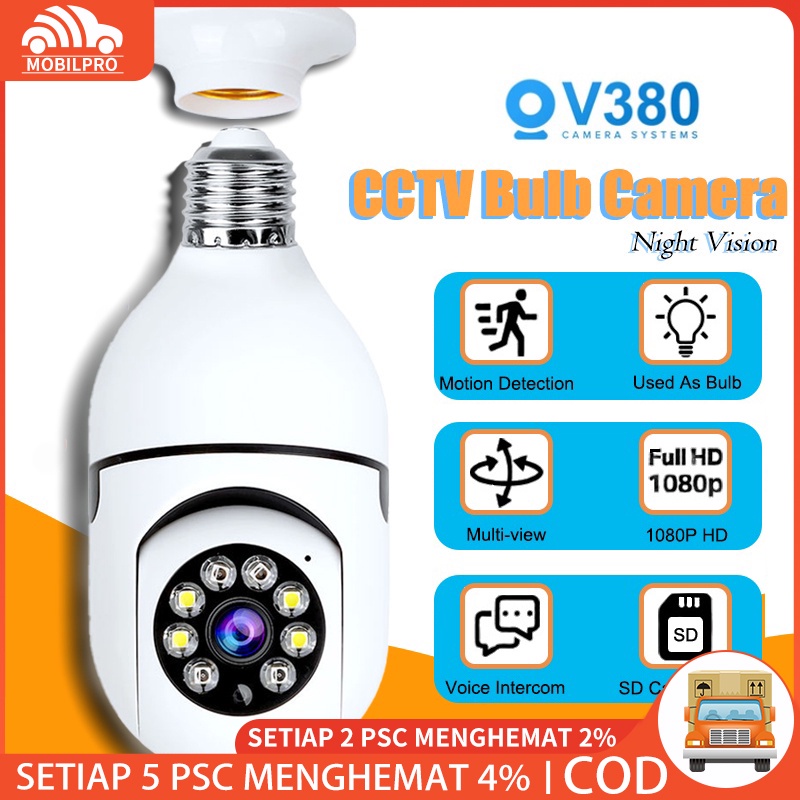 Night Vision 5MP V380 Pro CCTV Lampu Kamera CCTV Wifi Bohlam 360 Derajat PTZ Panoramic IP Camera CCTV Wireless V380