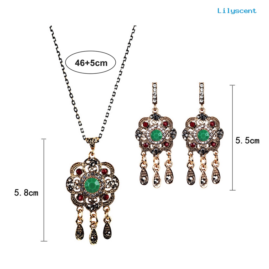 [LS]1 Set Wanita Kalung Gaya Etnik Berlian Imitasi Berongga Tetesan Air Jumbai Bohemian Retro Klavikula Kalung Stud Anting Kit Fashion Perhiasan