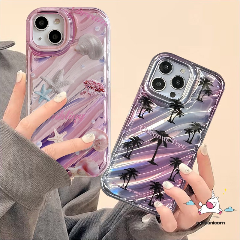 IPHONE Casing Berlian Whelk Pantai Cinta Hati Kreatif Kompatibel Untuk Iphone13 11 7Plus 14 12 Pro MAX XR X7 8 6 6S Plus XS MAX SE 2020mewah Dazzle Kartu Warna 3D Stereo Corrugation Case