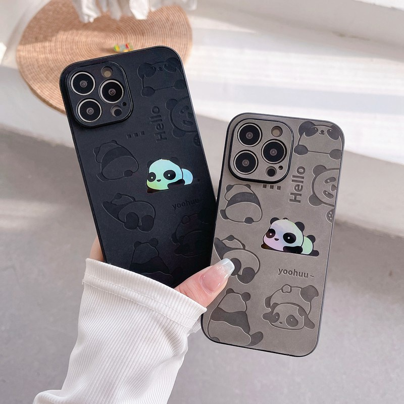 【Gradient Laser】So Cool Leather Case IPhone 11 12 13 14 Pro Max X XR XS MAX 14 Plus Protect Case Man Men's Fashion Black Cute China Panda Monster Phone Case