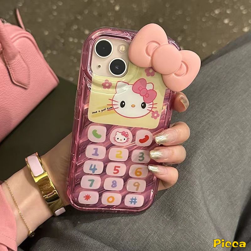 IPHONE Kartun Hello Kitty Case Kompatibel Untuk Iphone11 13 14 12 Pro MAX XR 7Plus 7 8 6 6S Plus X XS MAX SE 20203D Stereo Korgasi Kartu Laser Vintage Tombol Telepon Digital Soft Cover