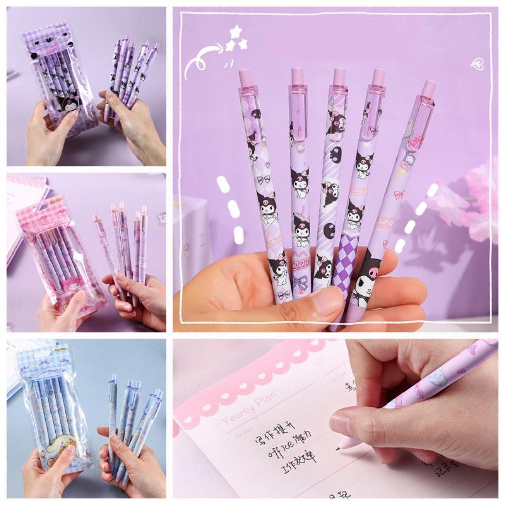 [Elegan] 5pcs /Set Pen Penandatanganan Tulisan, Pen Gel Press Plastik, Kawaii 0.5mm Tinta Hitam Alat Tulis Pena Gel Netral Untuk Sekolah