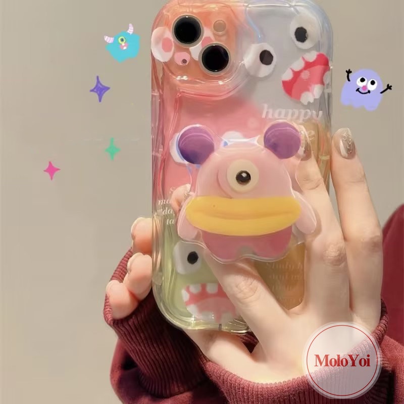 IPHONE Kartun Lucu Warna Monster Kecil Stand Bracket Case Kompatibel Untuk Iphone11 13 14 12 Pro Max 7Plus XR XS X Max7 8 6s 6 Plus Se2020 3D Wavy Curved Edge Soft Case