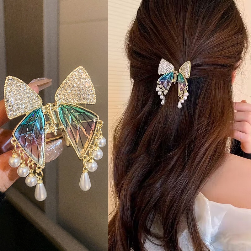 Fashion Alloy Kupu-Kupu Rambut Cakar Mutiara Berlian Imitasi Rambut Klip Wanita Aksesoris Rambut