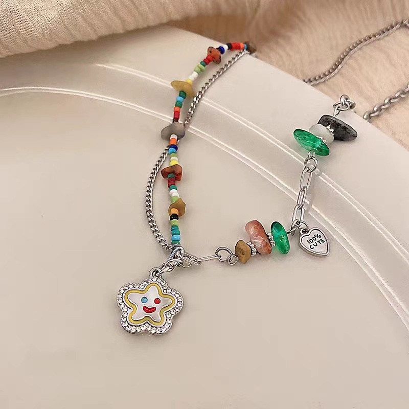 [HOT Sale] Pesona Kalung Smiley Cinta Bintang Perhiasan Aksesoris Kreatif Liontin Kalung Tidak Teratur Warna-Warni Klavikula Kalung Kerikil Y2K Rantai Kalung Manik-Manik Kalung