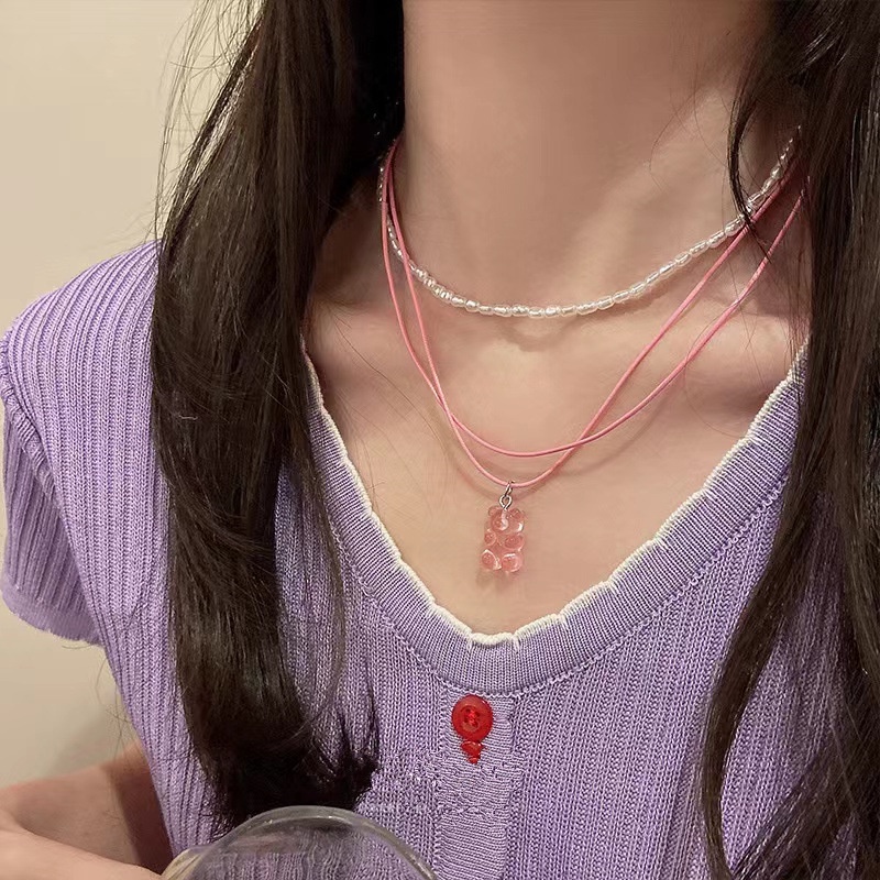 Papaozhu Dua Lapis Lucu Merah Muda Gummy Bear Liontin Mutiara Manik-Manik Choker Kalung Untuk Wanita Gadis Romantis Manis Jelly Beruang Kalung Fashion Tulang Selangka Rantai Perhiasan Hadiah