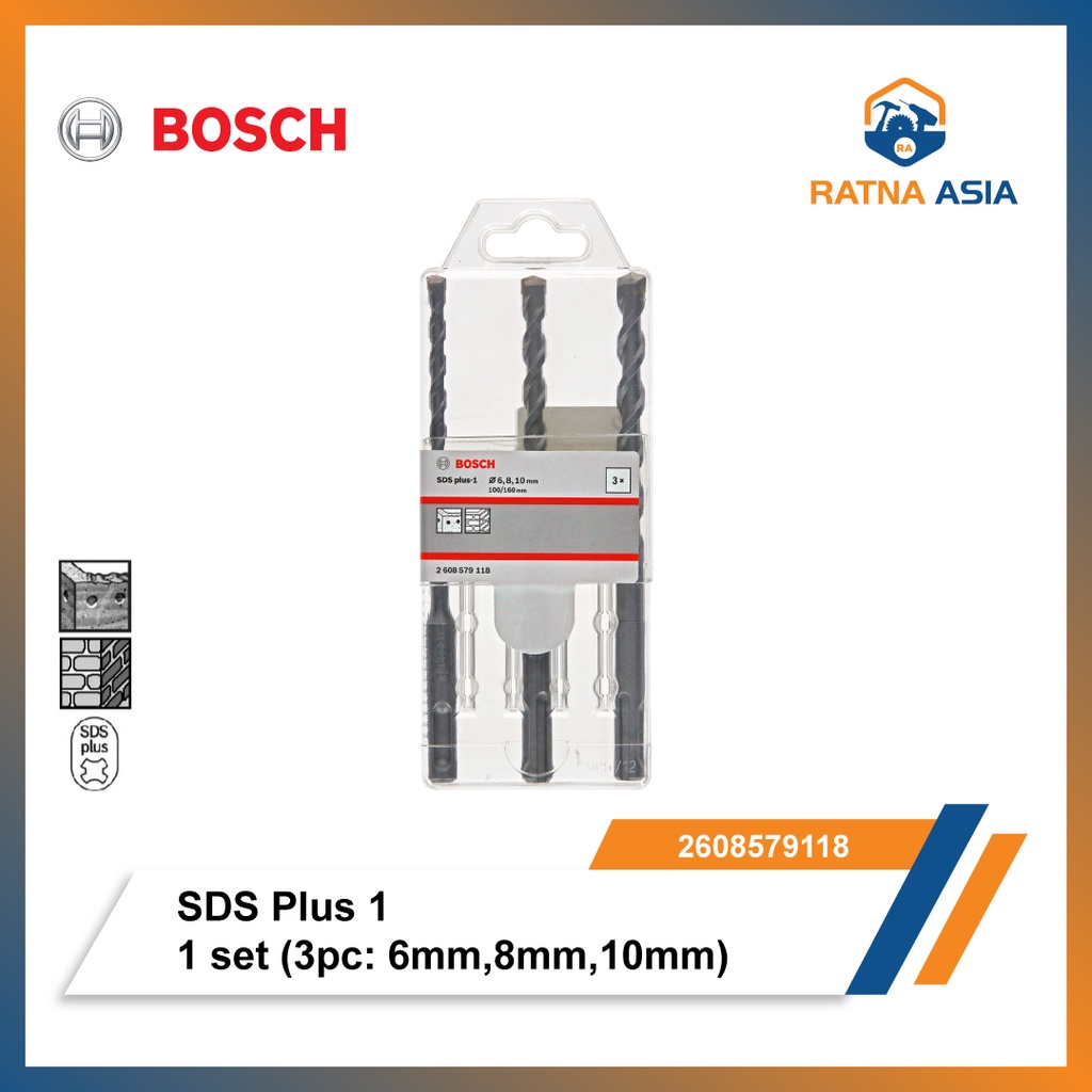 Mata Bor Beton Bosch SDS Plus-1 Set 3Pcs (6mm, 8mm, 10mm)