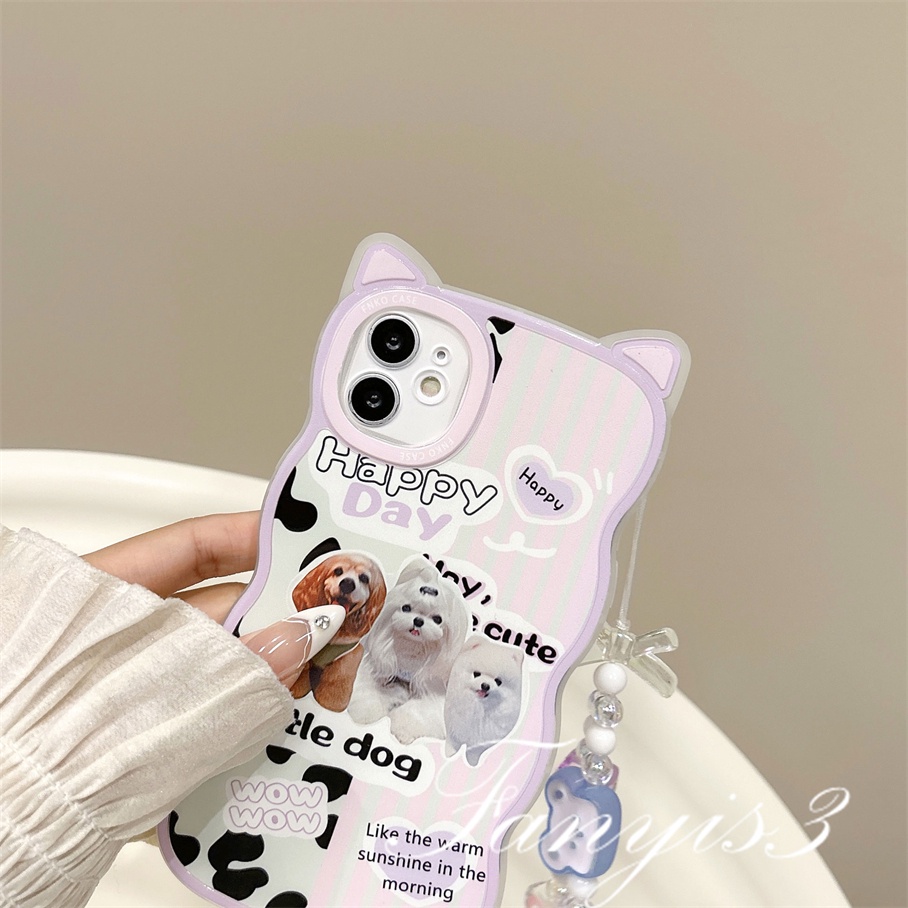 Compatible For iPhone 14 13 12 11 Pro Max X XR Xs Max 8 7 6 6s Plus SE 2020 Kompatibel Untuk Tiga Lucu Mewah Anjing Telinga Kucing Casing Ponsel Bening Lembut Cover Pelindung Dengan Rantai