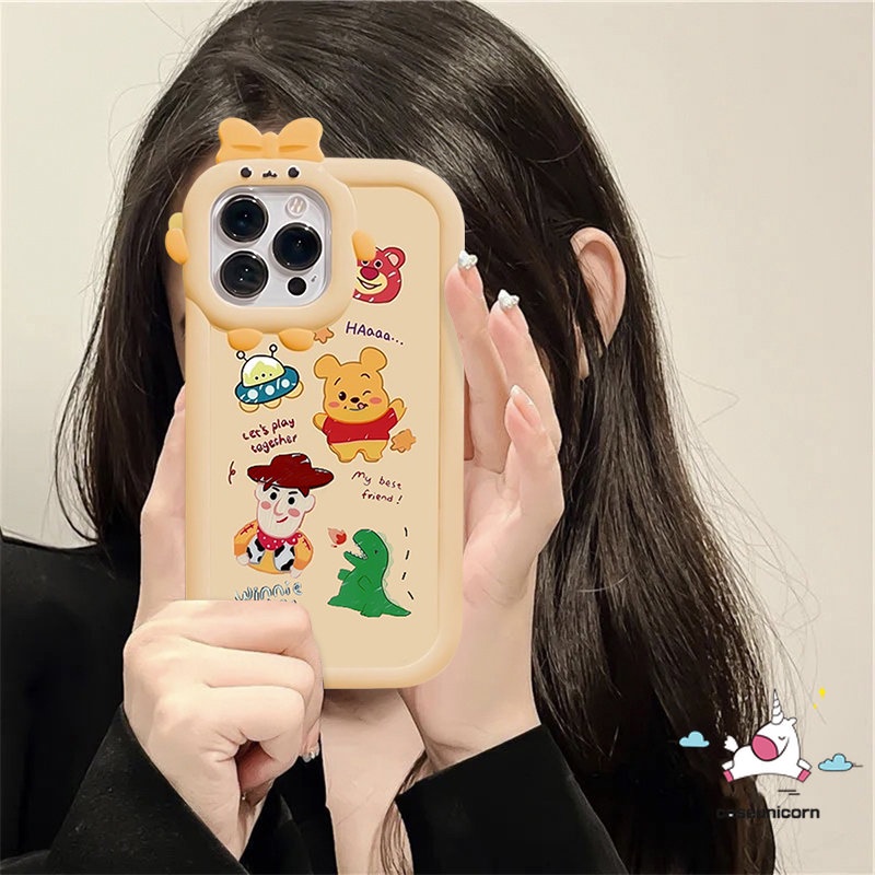 Kartun Winnie Case Dinosaurus Kecil Kompatibel Untuk iPhone Xr7 8 6 6s Plus 11 13 12 14 Pro Max XS Max X SE 2020lucu Doodle Bear Toy Story Woody 3D Ikatan Simpul Monster Lens Soft Case