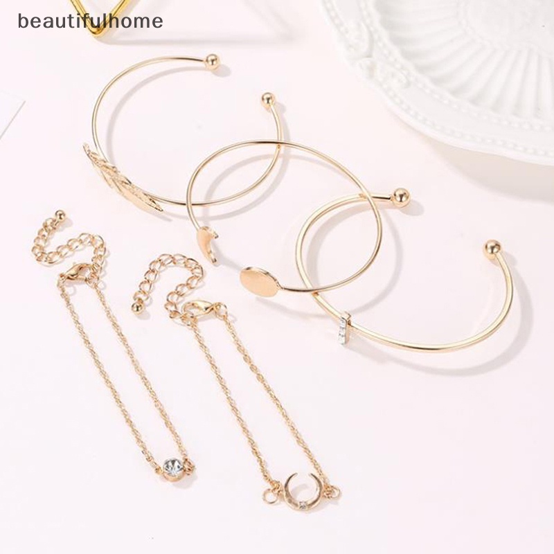 {beautifulhome} 5pcs /set Bohemian Emas Daun Bulan Terbuka Gelang Wanita Pantai Bangle Perhiasan Hadiah.