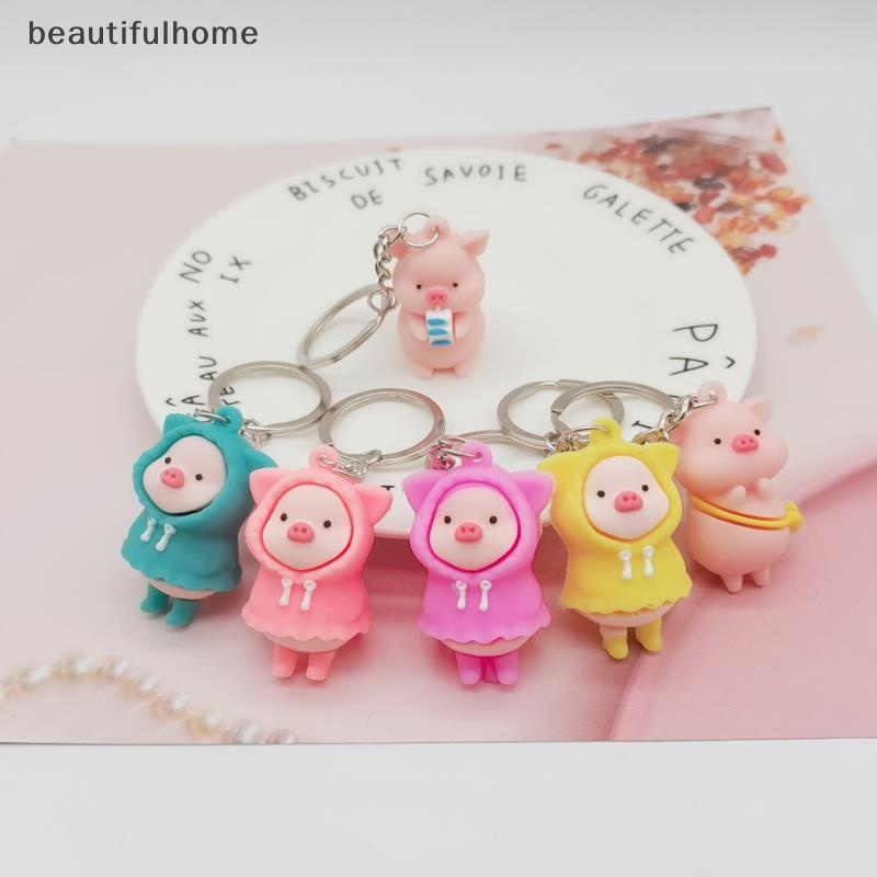 {Cantikrumah} Kartun Lucu Jas Hujan Piggy Doll Gantungan Kunci Memegang Babi Susu Kunci Cincin Tas Liontin.