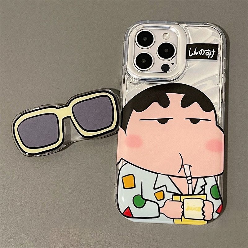 【Sunglasses Shin-chan】Cool Laser Wave Gradient Silver Airbag SoftCase IPhone 11 12 13 14 Pro Max X XR XS MAX 14 Plus Protect Case girl women's Fashion Cute Phone Case