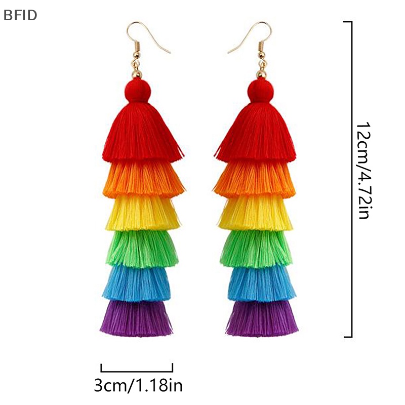 [BFID] 1pasang Perhiasan Handmade Musim Panas Gaya Bohemian Aksesoris Panjang Lucu Rain Color Layered Fringe Tassel Earrings Untuk Wanita [ID]