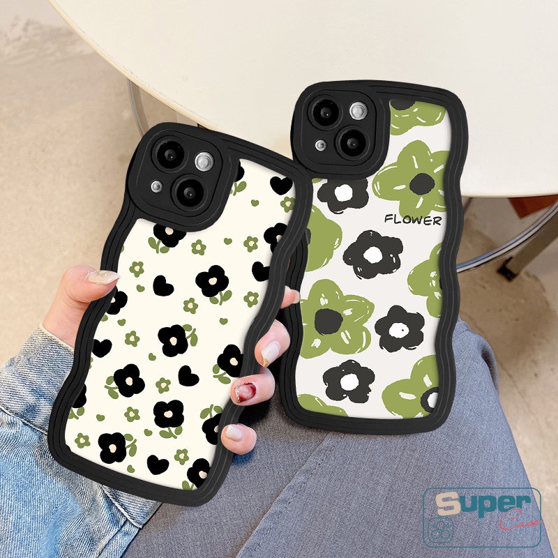 Casing Tepi Bergelombang Bunga Kecil Musim Panas Hitam Hijau Untuk Redmi 12C 9T 10C A1 9 9A 10 10A 9C A1+ Redmi Note8 11 10 9 Pro 10s 11s 9s POCO M3 X3 NFC Pro Mi 11T Pro Retro Bunga Sarung Soft Cover