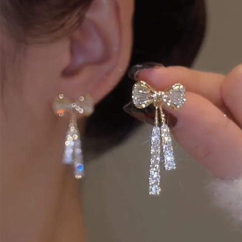 Anting Busur Warna Emas Sederhana Elegent Kristal Ikatan Simpul Studs Zirkon Rumbai Drop Earrings Pesta Pernikahan Wanita Perhiasan