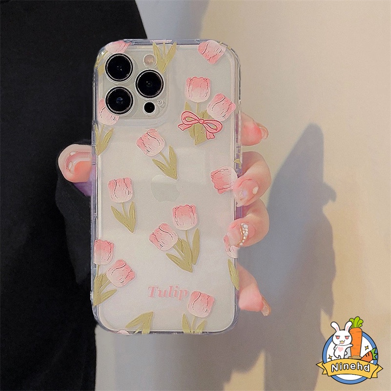 IPHONE Casing Kompatibel Untuk Iphone14 13 12 11 Pro Max X Xr Xs Max8 7 6 6s Plus Se2020Bunga Tulip Transparan Silikon Casing Ponsel Perlindungan Lensa Bumper Shockproof Cover Pelindung