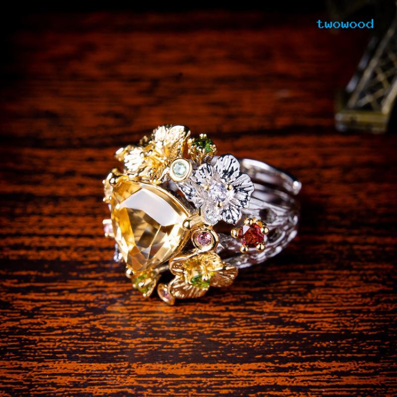 Twowood Imitasi natural citrine Berwarna Batu Permata Cincin Italia Pengadilan Perhiasan Kerajinan Terang Dan high-end Terbuka Cincin