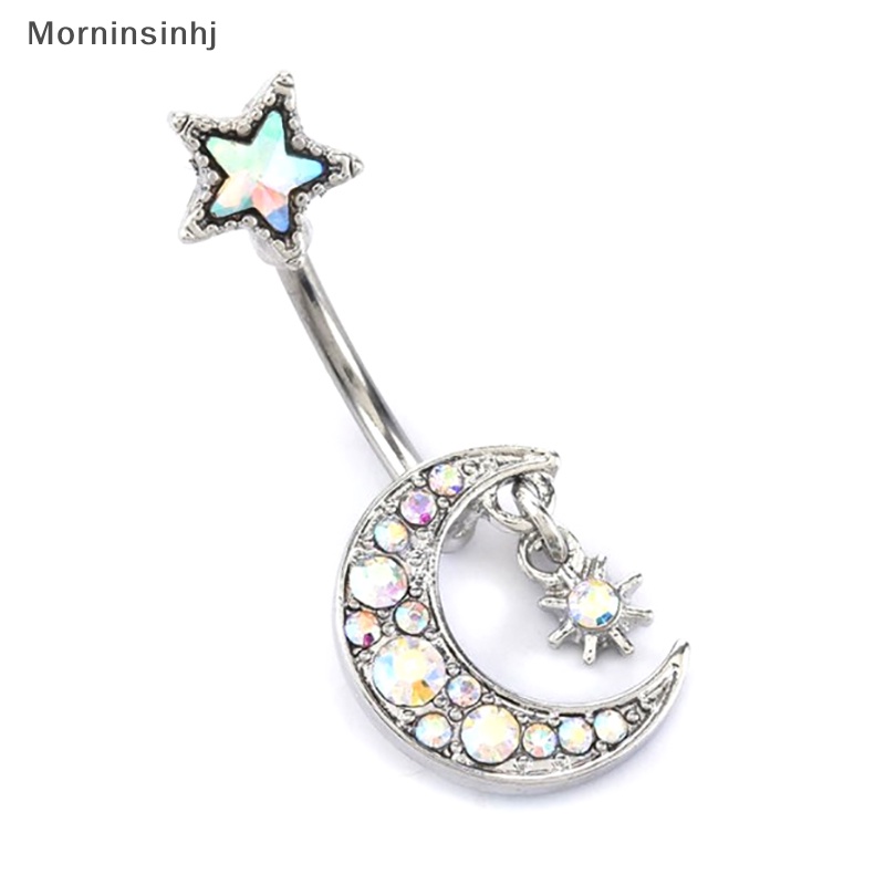 Mornin Starbeauty 14G Drop Bintang Bulan Pusar Bar Menjuntai Anting-Anting Hujan Kristal Pusar Cincin Wanita Pesta Pantai Telinga Perhiasan id