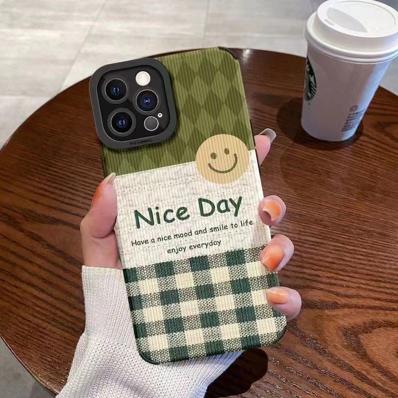 【Lamb Skin】SoftCase for IPhone 6S 7 Plus 8 Plus X XS XR XS Max 11 13 12 14 PRO Max 14 Plus 12 13 MINI Phone Case Pretty Green Smile Nice Day casing hp iphone xr