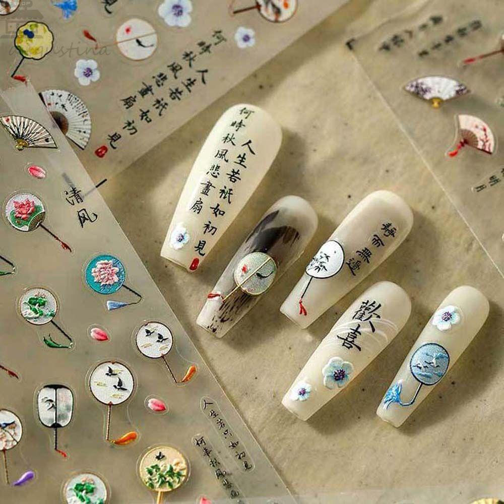 Agustina Stiker Kuku Cina Fashion Gaya Antik Karakter Cina Manicure Aksesoris Bunga Kipas Nail Stickers