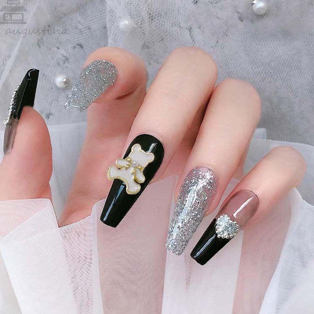 AUGUSTINA Augustina Bears Nail Art Dekorasi Fashion Bor Kuku Hitam Putih Alloy 3D Nail Jewelry