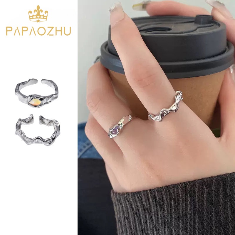 Papaozhu Keren Permata Terang Gelombang Tidak Teratur Terbuka Cincin Untuk Wanita Pria Kepribadian Geometris Buku Jari Cincin Trendi Aksesoris