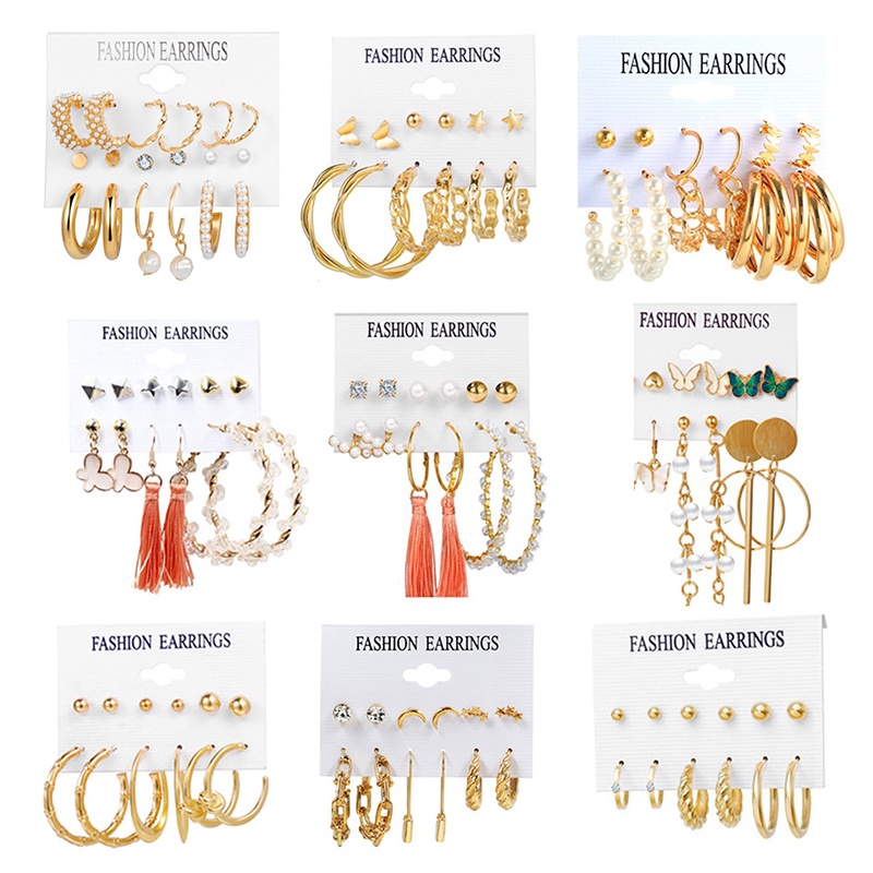 6 Pcs/Set Anting Mutiara Set Kristal Rumbai Elegan Oversized Stud Earrings Wanita Perhiasan Fashion Aksesoris