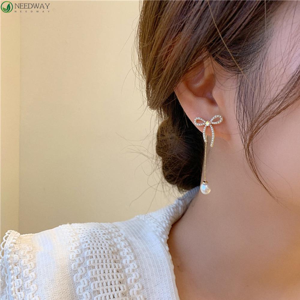 NEEDWAY Anting Stud Wanita Hadiah Trendi Rumbai Korea Busur Mutiara Pearl Earring