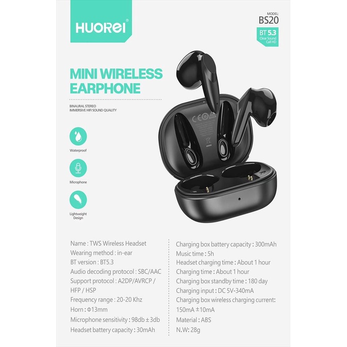 HUOREI BS20 Mini Wireless TWS Earphone Stereo HIFI Sound