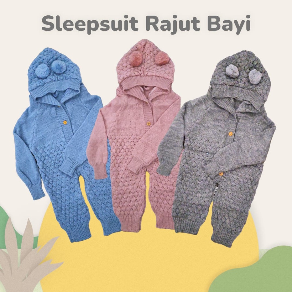 Sleepsuit Rajut Bayi Topi Buka Kaki 0-6 Bulan POLOS Hoodie Rajut Bayi Tebal Jumper Bayi Baju Penghan
