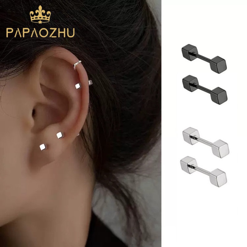 Papaozhu Punk Hitam Stainless Steel Kubus Dumbbell Stud Anting Untuk Wanita Pria Unisex Sederhana Fashion Tindik Tulang Rawan Anting-Anting Telinga Tulang Perhiasan