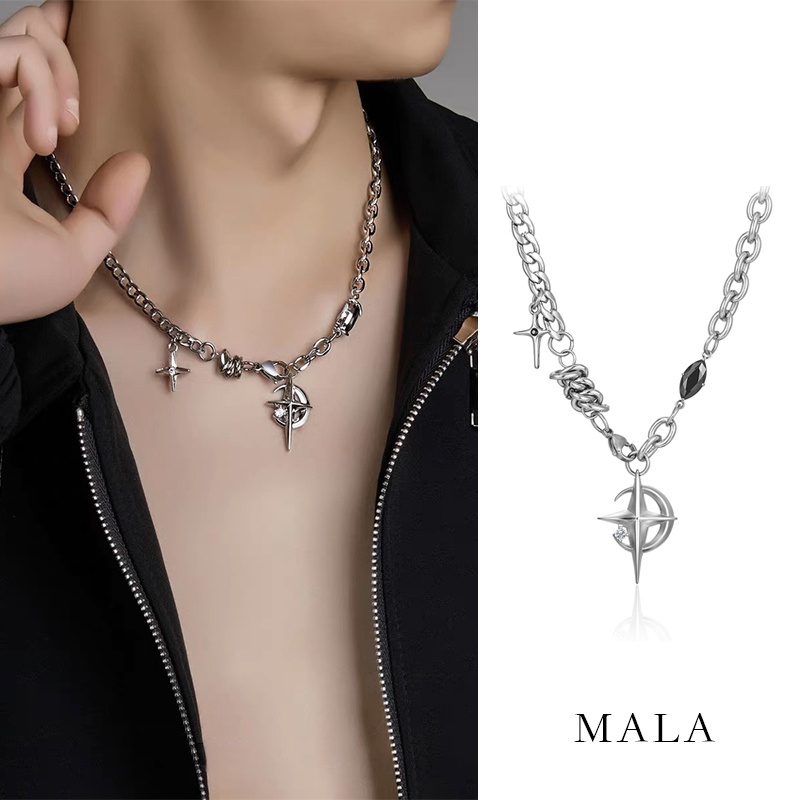 Hip Hop Titanium Steel Kalung Unisex Salib Hitam Batu Permata Bulan Sabit Liontin