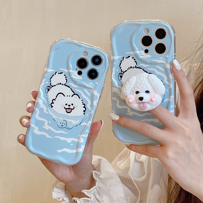 Cream Casing Swimming Dog Popsocket Soft Case HP iP iPhone 6 6S 7 8 14 + Plus SE 2020 2022 X XS XR 11 12 13 Pro Max Girl Woman