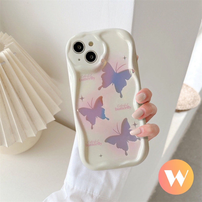 IPHONE Case Tepi Melengkung Bergelombang 3D Kompatibel Untuk Iphone7 8 Plus XR 6 6s X XS Max SE 2020 11 13 14 12 Pro Max INS Korea Glitter Fantasy Butterfly Case Dengan Lanyard Rantai Mutiara