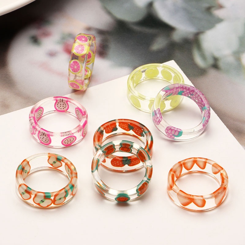 Korea Fashion Buah Segar Transparan Resin Akrilik Cincin Untuk Wanita Gadis Desain Baru Strawberry Lemon Jari Perhiasan Hadiah