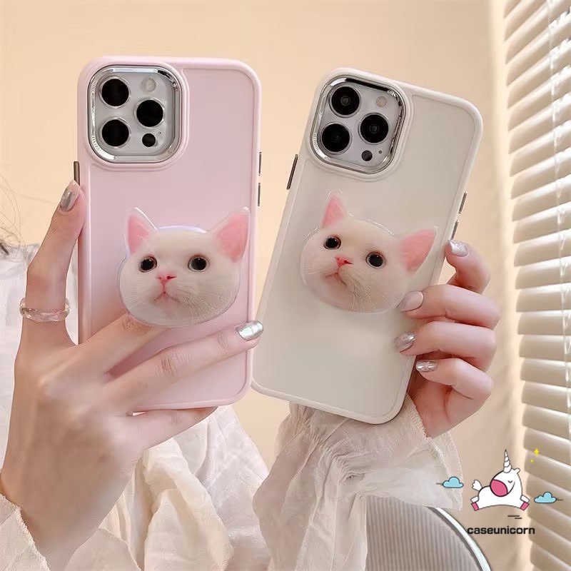 Cute Kitty Cat Bracket Mewah Plating Case Kompatibel Untuk IPhone 7plus 13 11 12 14 Pro MAX X XR 7 8 Plus XS MAX Sederhana Warna Solid Frame Lensa Metal Phone Cover Dengan Holder Bracket