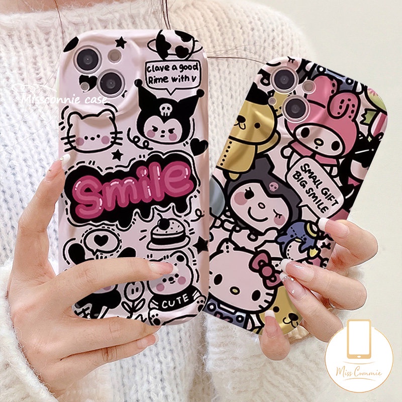 Cartoon Hello Kitty Cute Kuromi Case Compatible For iPhone 11 13 12 14 Pro Max 7 8 6 6s Plus X XR 7Plus XS Max SE 2020 Shockproof Doodle Comic English 3D Wavy Curved Edge Soft Case