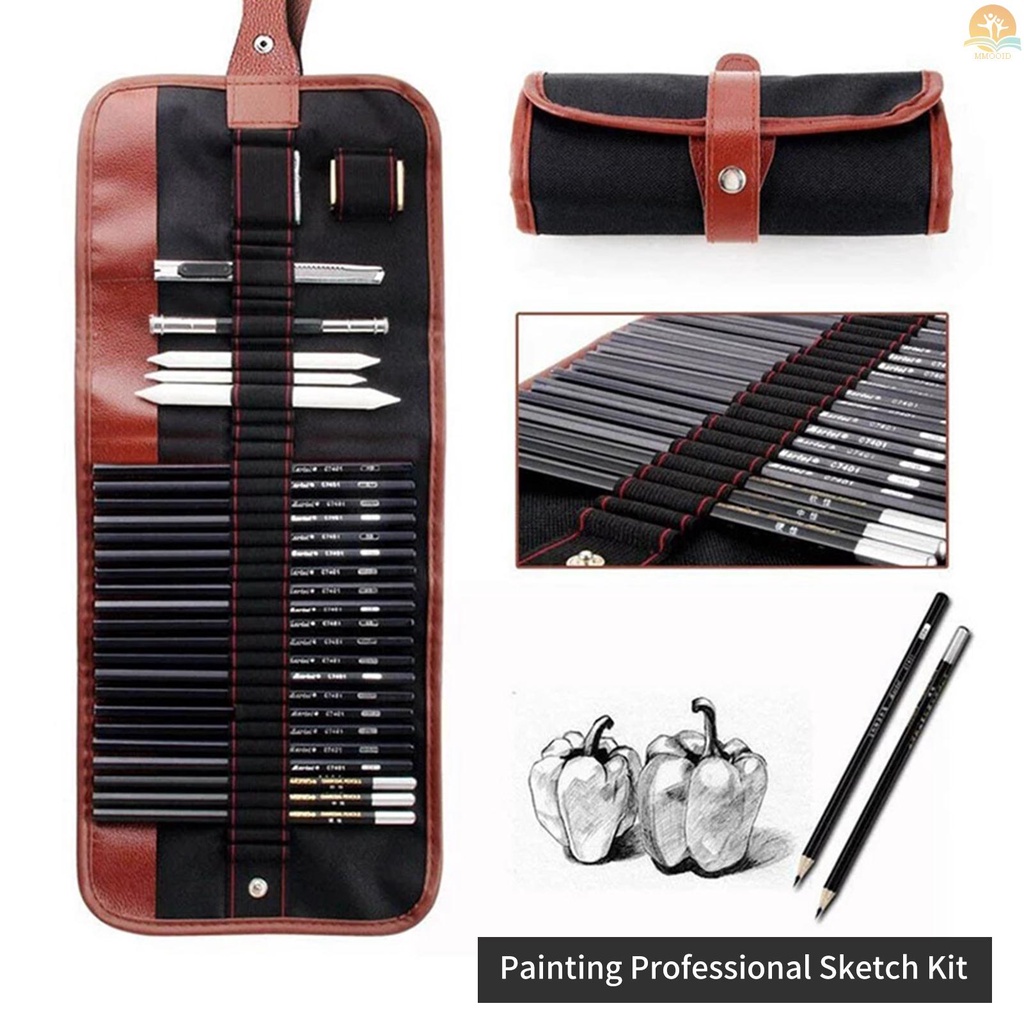 In Stock 29PCS Set Pensil Menggambar Sketsa Arang Pensil Seni Profesional Perlengkapan Seni Dengan Tas Kantong Penyimpanan Potrait Alat Gambar Hadiah Besar Untuk Pelajar Dewasa Pemula Dan