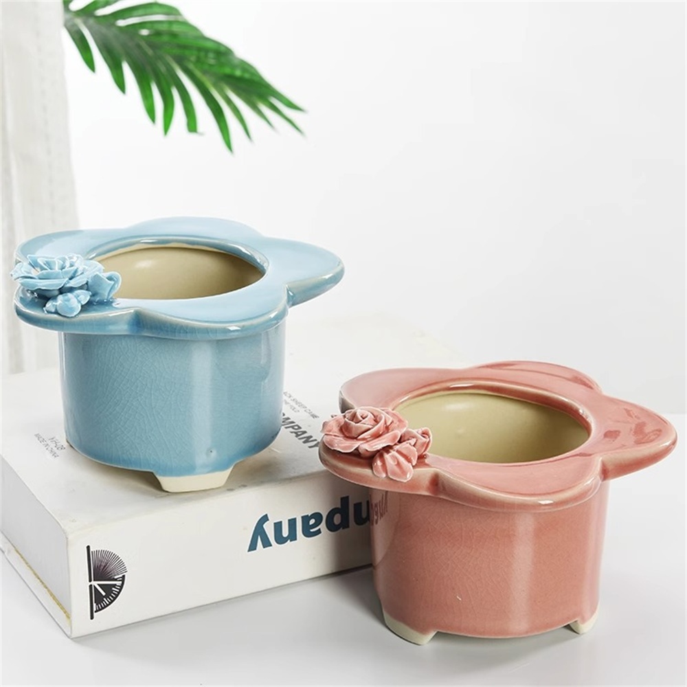 ღ Desktop Kreatif Tanaman Succulent Pot Bunga Bentuk Bunga Es Retak Glaze Dekorasi Bunga Batu Mentah Keramik Kreatif