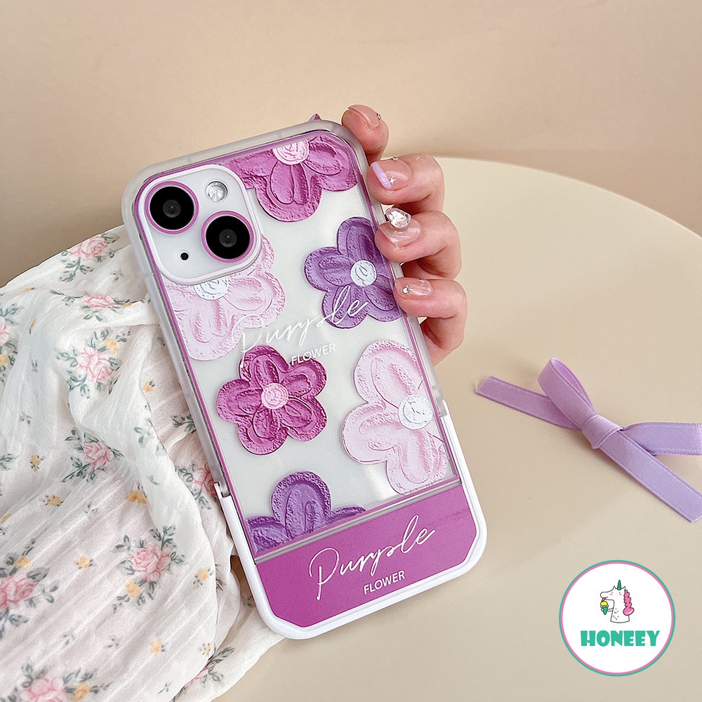 Ins Ungu Floral Invisible Bracket Phone Case Kompatibel Untuk Iphone14 13 12 11 Pro Max Casing iPhone 11xr XS 7 8Plus Lembut TPU Shockproof Back Cover