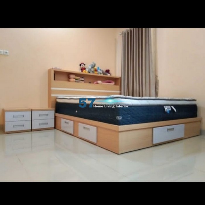 Dipan Laci Minimalis Bahan Plywood HPL & 2 Nakas Kecil Bahan Plywood