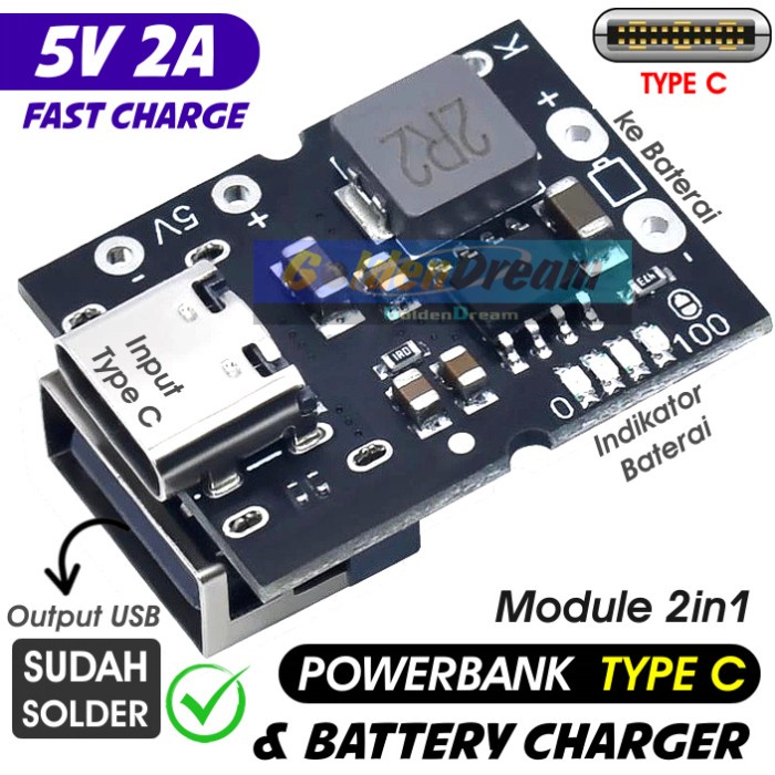 Modul Power Bank USB Type-C Fast Charger Step Up Baterai 18650 Lithium 5V 2A