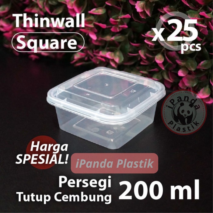 Paket 25 pcs - Thinwall Persegi 200 ml DM - Tutup Cembung Wadah Square