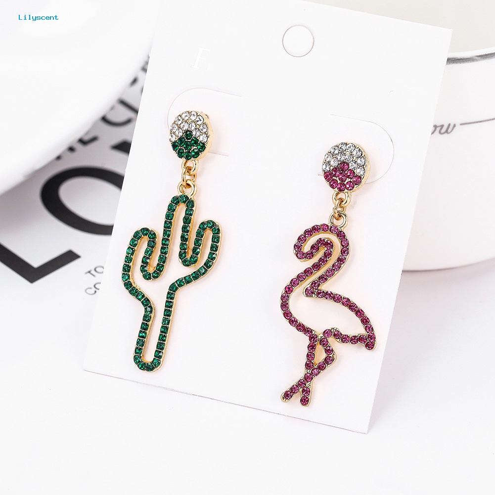 Lilyscent Wanita Berongga Berlian Imitasi Kaktus Flamingo Menjuntai Asimetris Stud Earrings Perhiasan