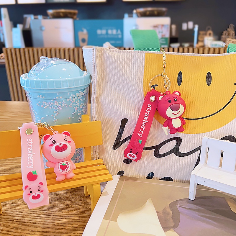 Lucu Indah Pink Strawberry Bear Gantungan Kunci Tas Mobil Liontin Keyring Aksesoris Pasangan Hadiah Kecil