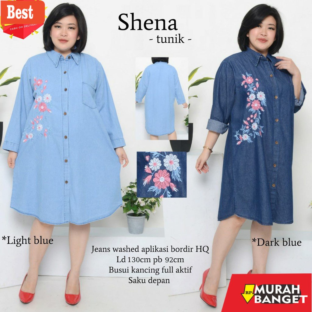 Tunik jumbo terbaru untuk wanita- Tunik Jumbo Bahan Jeans LD 130 Fit XXXXL Shena Tunic  Baju Atasan 