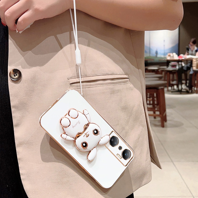 Andyh Case Ponsel Untuk Infinix Hot20 4G X6826 X6826B X6826C Panas 20S X6827 Lucu Kartun Kelinci Kecil Tepi Lurus Lembut Shell Mengirim lanyard Silikon