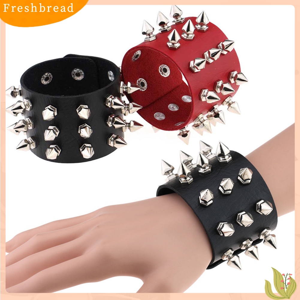 &lt; Freshbread &gt; Punk Triple Lines Stainless Steel Pointed Cone Rivet Gelang Bangle Kulit Imitasi