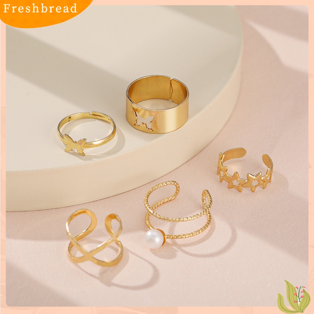 &lt; Freshbread &gt; 5Pcs Cincin Jari Berongga Keluar Bintang Kupu-Kupu Perhiasan Vintage Stackable Rings Untuk Pakaian Sehari-Hari